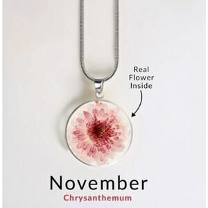 Mint & Lilly Pressed Birth Flower Necklace*November*Chrysanthemum*Silver